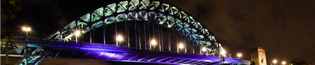 A brightly lit, colourful bridge in the dead of night. Photo by Trevor Liddell